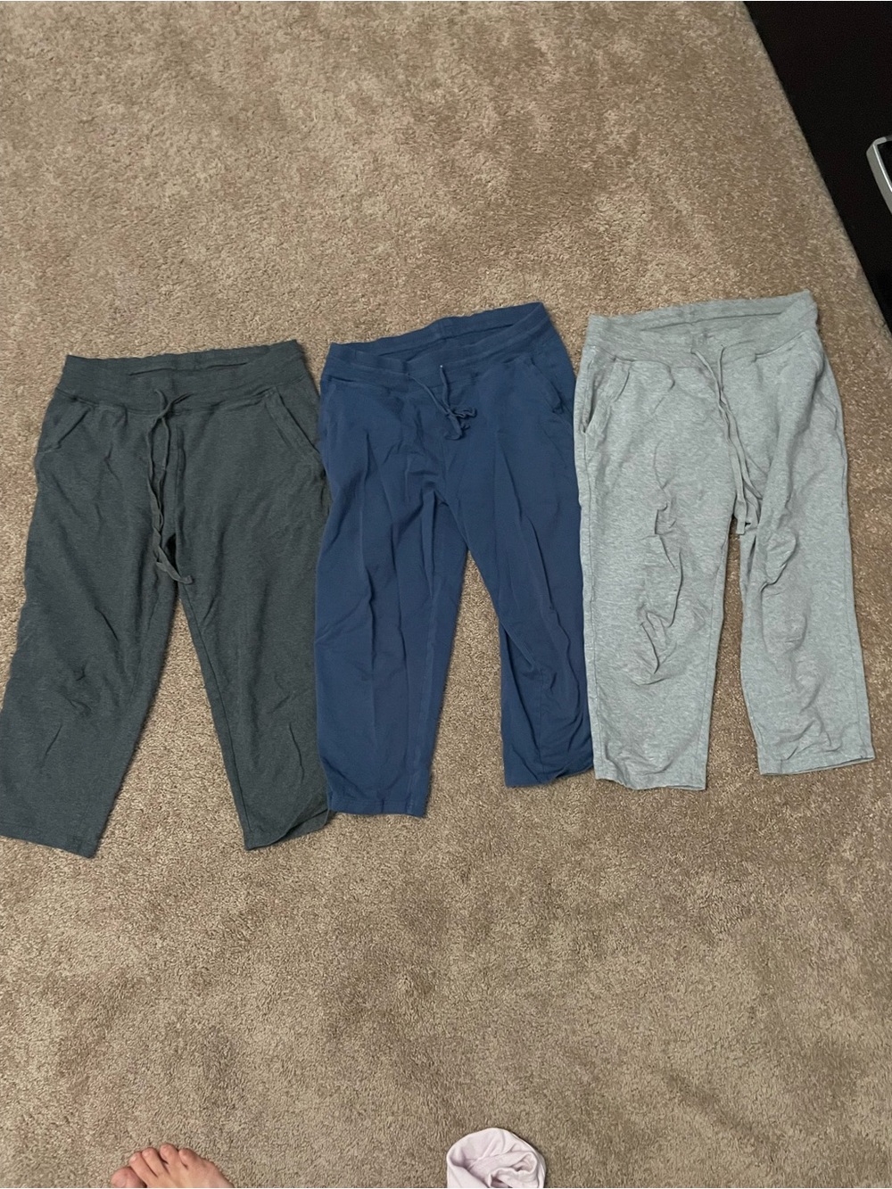 Womens 3-Pack Comfort Drawstring Capri Pants — Gray, Navy, Dark Gray